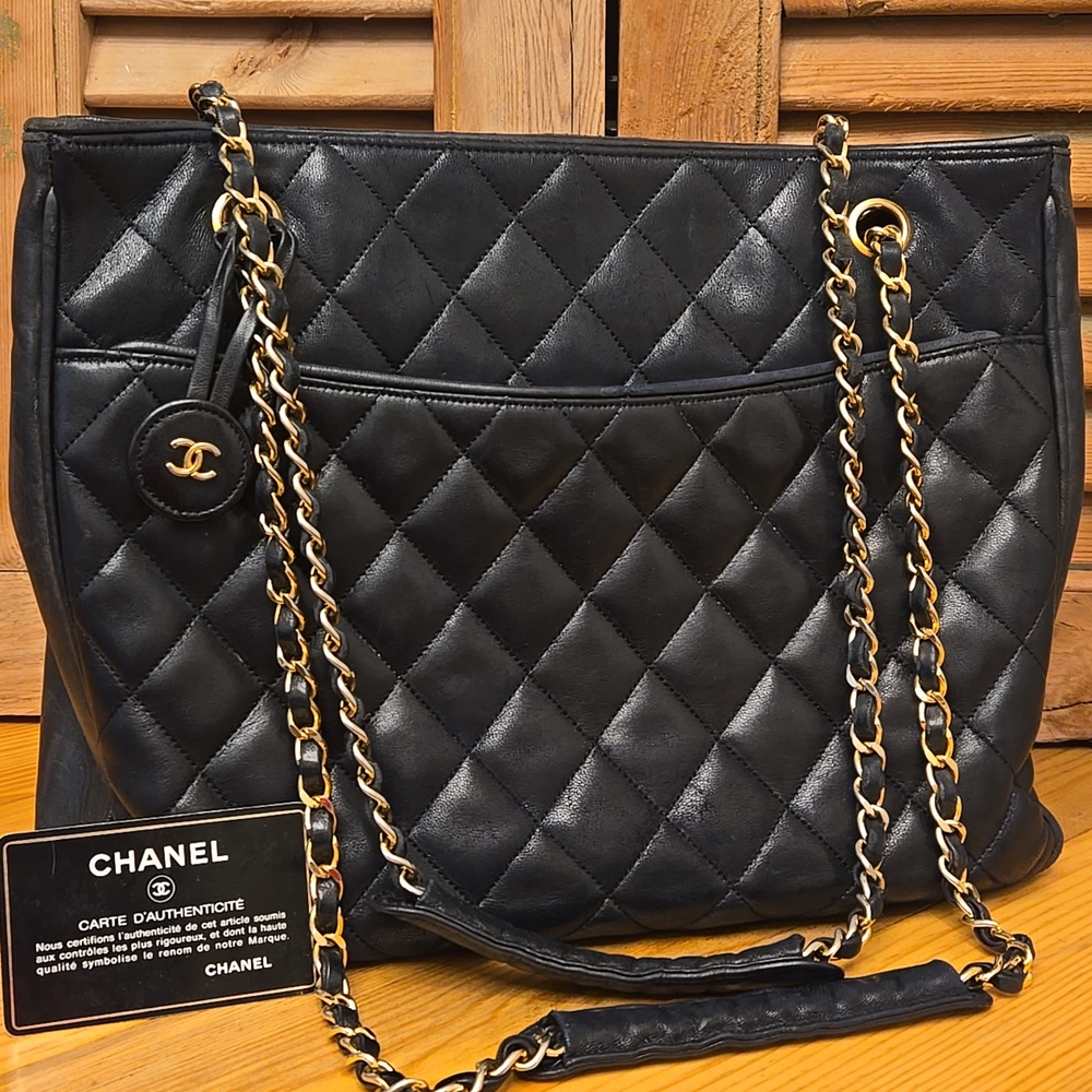 CHANEL Vintage Black Leather Quilted Shoulder Bag With COA
